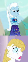 Size: 552x1187 | Tagged: safe, editor:jdueler11, prince blueblood, trixie, equestria girls, equestria girls specials, g4, my little pony equestria girls: better together, my little pony equestria girls: forgotten friendship, clothes, comparison, crossed arms, equestria girls-ified, female, male, sarong, ship:bluetrix, shipping, shipping domino, straight, surprised blueblood, swimsuit