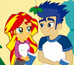 Size: 710x622 | Tagged: safe, artist:conikiblasu-fan, edit, flash sentry, sunset shimmer, equestria girls, g4, cropped, female, holly, holly mistaken for mistletoe, male, ship:flashimmer, shipping, straight