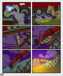 Size: 900x1080 | Tagged: safe, artist:lister-of-smeg, applejack, earth pony, pony, comic:horkosworks, g4, explosion, faint, female, locomotive, magic, plushie, train, ty