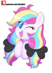 Size: 2893x4092 | Tagged: safe, artist:norithecat, oc, oc only, earth pony, pony, blue eyes, bow, commission, female, hair bow, one eye closed, original, patreon, patreon logo, pigtails, rainbow hair, ribbon, solo, twintails, wink