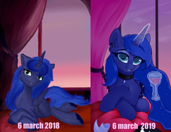 Size: 2761x2126 | Tagged: safe, artist:php97, princess luna, alicorn, pony, g4, comparison, female, glass, high res, looking at you, magic, mare, redraw, solo, wine glass