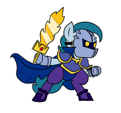 Size: 640x600 | Tagged: safe, artist:ficficponyfic, oc, oc:larimar, pony, colt quest, armor, clothes, colt, cosplay, costume, galaxia, male, mask, meta knight, simple background, solo, sword, weapon, white background