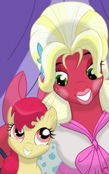 Size: 3072x4915 | Tagged: safe, artist:theroyalprincesses, apple bloom, big macintosh, earth pony, pony, brotherhooves social, g4, bow, brother and sister, clothes, crossdressing, dress, female, grin, lipstick, male, orchard blossom, smiling