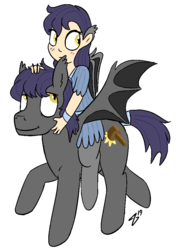 Size: 674x956 | Tagged: safe, artist:heretichesh, oc, oc only, oc:cudgel, oc:nettle, bat pony, pony, satyr, amulet, blushing, clothes, dress, father and daughter, female, horsebackriding, jewelry, male, offspring, parent:oc:cudgel