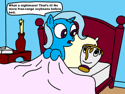Size: 1440x1080 | Tagged: safe, artist:blackrhinoranger, trixie, pony, g4, beauty and the beast, bed, book, candle, chip, dialogue, ed edd n eddy, rock-a-bye ed, speech bubble, teacup, that pony sure does love teacups