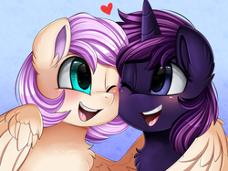 Size: 2379x1783 | Tagged: safe, artist:pridark, oc, oc only, pegasus, pony, unicorn, blushing, bust, commission, duo, female, lesbian, looking at each other, mare, not fluttershy, one eye closed, open mouth, portrait, smiling