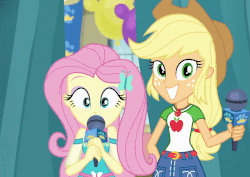 Size: 800x567 | Tagged: safe, edit, edited screencap, screencap, applejack, fluttershy, best in show: the pre-show, equestria girls, g4, my little pony equestria girls: better together, animated, cropped, female, geode of fauna, geode of super strength, gif, grin, magical geodes, microphone, reversed, smiling