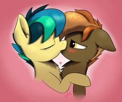 Size: 2220x1852 | Tagged: dead source, safe, artist:hysharc, button mash, oc, oc:apogee, earth pony, pony, g4, blushing, buttongee, canon x oc, colt, duo, eyes closed, female, filly, foal, hug, kiss on the lips, kissing, male, passionate, simple background, straight