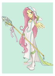 Size: 1673x2300 | Tagged: safe, artist:skirtzzz, fluttershy, human, g4, clothes, crossover, dress, element of kindness, female, final fantasy, flower, flower in hair, hood, humanized, pony coloring, simple background, smiling, solo, staff, winged humanization, wings