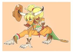Size: 2300x1673 | Tagged: dead source, safe, artist:skirtzzz, applejack, hybrid, g4, clothes, crossover, female, final fantasy, fusion, simple background, smiling, solo, superhero landing