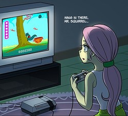 Size: 1012x922 | Tagged: safe, artist:uotapo, fluttershy, equestria girls, g4, game stream, my little pony equestria girls: better together, clothes, cropped, female, game, nintendo entertainment system, ponytail, skirt, sleeveless, squirrel game, tank top, television, video game, younger