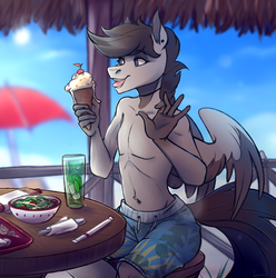 Size: 2305x2323 | Tagged: safe, artist:1an1, oc, oc only, oc:spectrum storm, pegasus, anthro, art trade, beach, clothes, drink, ear piercing, earring, food, high res, ice cream, jewelry, male, mojito, partial nudity, piercing, salad, sitting, smiling, solo, spread wings, swimming trunks, table, topless, wings