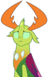 Size: 639x1024 | Tagged: safe, thorax, changedling, changeling, g4, season 9, 2019, fake, fake leak, fan made, floppy ears, frown, glowing eyes, green eyes, implied king sombra, king thorax, male, mind control, photoshop, sad, simple background, sitting, slave, solo, transparent background