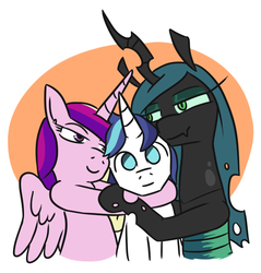 Size: 684x715 | Tagged: safe, artist:jargon scott, princess cadance, queen chrysalis, shining armor, alicorn, changeling, changeling queen, pony, unicorn, g4, bedroom eyes, bisexual, empty eyes, eye contact, female, group hug, head tilt, hug, lesbian, lidded eyes, looking at each other, looking at you, male, mare, no catchlights, no pupils, ot3, polyamory, shining armor gets all the mares, ship:cadalis, ship:chrysarmordance, ship:shining chrysalis, ship:shiningcadance, shipping, simple background, smiling, stallion, straight, thousand yard stare, white background