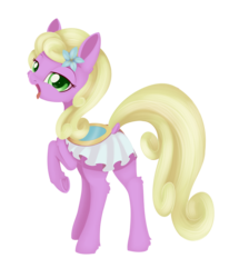 Size: 1024x1191 | Tagged: safe, artist:dusthiel, spring forward, earth pony, pony, g4, clothes, dock, female, flower, flower in hair, looking at you, looking back, looking back at you, mare, open mouth, rear view, saddle, skirt, solo, tack, tongue out