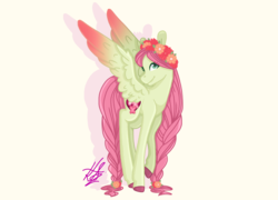 Size: 5000x3600 | Tagged: safe, artist:bubowl, part of a set, fluttershy, pegasus, pony, g4, alternate design, braid, braided tail, colored hooves, colored wings, colored wingtips, female, floral head wreath, flower, looking at you, mare, raised hoof, redesign, simple background, smiling, solo, spread wings, standing, turned head, white background, wings