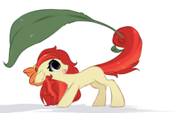 Size: 1389x891 | Tagged: dead source, safe, artist:php146, oc, oc only, earth pony, pony, bow, chibi, female, hair bow, leaf, leaf umbrella, mare, simple background, solo, tail hold, white background, ych result
