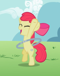 Size: 497x626 | Tagged: safe, screencap, apple bloom, earth pony, pony, g4, the cutie pox, bipedal, bow, cropped, eyes closed, female, filly, hair bow, happy, hooves in air, loop-de-hoop, open mouth, smiling, solo