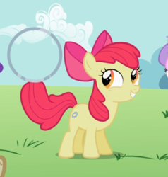 Size: 750x788 | Tagged: safe, screencap, apple bloom, earth pony, pony, g4, the cutie pox, bow, cropped, excited, female, filly, hair bow, loop-de-hoop, prehensile tail, smiling, solo focus