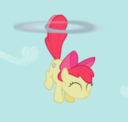 Size: 890x851 | Tagged: safe, screencap, apple bloom, earth pony, pony, g4, the cutie pox, bow, cropped, excited, eyes closed, female, filly, flying, hair bow, happy, loop-de-hoop, smiling, solo, spinning