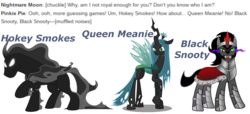 Size: 2880x1312 | Tagged: safe, king sombra, pony of shadows, queen chrysalis, changeling, changeling queen, pony, unicorn, friendship is magic, g4, antagonist, curved horn, female, foreshadowing, horn, implied nightmare moon, implied pinkie pie, looking at you, male, simple background, stallion, text, white background