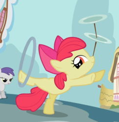 Size: 811x830 | Tagged: safe, screencap, apple bloom, tornado bolt, earth pony, pony, g4, the cutie pox, cropped, female, filly, loop-de-hoop, plate spinning, raised leg, smiling, solo focus, standing, standing on one leg