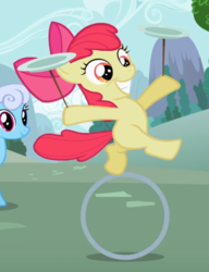 Size: 652x850 | Tagged: safe, screencap, apple bloom, linky, shoeshine, earth pony, pony, g4, the cutie pox, adorabloom, bipedal, cropped, cute, female, filly, plate spinning, raised leg, smiling, solo focus, teeth