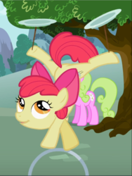 Size: 705x940 | Tagged: safe, screencap, apple bloom, daisy, flower wishes, earth pony, pony, g4, the cutie pox, bow, cropped, female, filly, hair bow, loop-de-hoop, mare, plate spinning, smiling, solo focus, underhoof, upside down