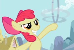 Size: 1379x938 | Tagged: safe, screencap, apple bloom, earth pony, pony, g4, the cutie pox, bow, confident, cropped, female, filly, hair bow, holding, loop-de-hoop, smiling, solo, spinning, teeth