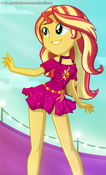 Size: 430x706 | Tagged: safe, artist:charliexe, sunset shimmer, equestria girls, equestria girls series, i'm on a yacht, spring breakdown, spoiler:eqg series (season 2), clothes, cute, dress, female, geode of empathy, legs, magical geodes, miniskirt, shimmerbetes, skirt, smiling, solo