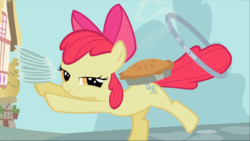 Size: 1667x940 | Tagged: safe, screencap, apple bloom, earth pony, pony, g4, the cutie pox, female, filly, foal, food, loop-de-hoop, narrowed eyes, pie, plate, proud, smiling, solo