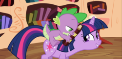 Size: 1666x816 | Tagged: safe, screencap, spike, twilight sparkle, dragon, pony, unicorn, g4, the cutie pox, book, cropped, cute, dragons riding ponies, duo, female, golden oaks library, lidded eyes, male, mare, out of context, riding, smiling, spike riding twilight, twiabetes, unicorn twilight