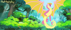 Size: 1247x529 | Tagged: safe, artist:asiandra dash, fluttershy, dragon, g4, dragonified, flutterdragon, forest, glory the dragon, rainforest, rainwing, species swap, wings of fire (book series)