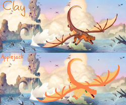 Size: 1246x1049 | Tagged: safe, applejack, dragon, g4, clay, comparison, dragonified, dragonjack, flying fish, mudwing, ocean, species swap, waterfall, wings of fire (book series)