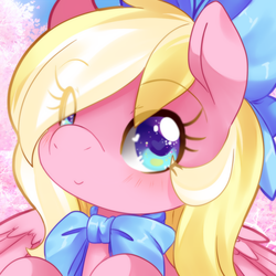 Size: 1000x1000 | Tagged: safe, artist:loyaldis, oc, oc only, oc:bay breeze, pegasus, pony, blushing, bow, cute, eye clipping through hair, female, hair bow, hair over one eye, heart eyes, looking at you, mare, neck bow, ocbetes, simple background, solo, wingding eyes, ych result