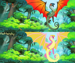 Size: 1232x1043 | Tagged: safe, fluttershy, dragon, g4, comparison, dragoness, dragonified, female, flutterdragon, forest, rainforest, rainwing, species swap, spread wings, wings, wings of fire (book series)