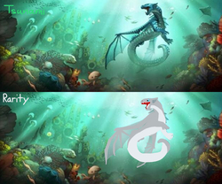 Size: 1225x1020 | Tagged: safe, artist:asiandra dash, rarity, dragon, fish, sea dragon, g4, comparison, coral, coral reef, dragonified, ocean, raridragon, species swap, tsunami, underwater, water, webbed fingers, wings of fire (book series)