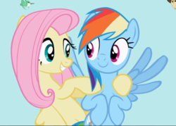 Size: 1064x762 | Tagged: safe, screencap, fluttershy, rainbow dash, bird, pegasus, pony, g4, may the best pet win, my little pony: friendship is magic, duo focus, female, flying, hooves around shoulder, looking at each other, mare, raised hoof, smiling, spread wings, wings