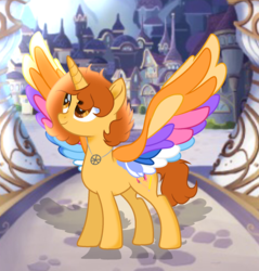 Size: 1590x1664 | Tagged: safe, artist:doraeartdreams-aspy, oc, oc only, oc:aspen, alicorn, pony, g4, my little pony: rainbow roadtrip, alicorn oc, base used, colored wings, female, mare, movie accurate, multicolored wings, rainbow, rainbow wings, solo, spread wings, wing bling, wings