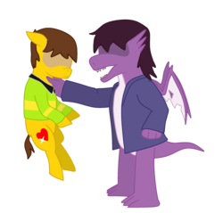 Size: 2200x2100 | Tagged: safe, artist:maxter-advance, dragon, earth pony, pony, spoiler:deltarune, clothes, crossover, deltarune, dragoness, dragonified, female, high res, jacket, kris, ponified, species swap, susie (deltarune), sweater