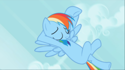 Size: 1668x940 | Tagged: safe, screencap, rainbow dash, pegasus, pony, g4, the mysterious mare do well, crossed hooves, eyes closed, female, flying, hooves behind head, mare, missing cutie mark, smiling, solo, spread wings, waving, wings