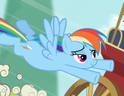 Size: 847x657 | Tagged: safe, screencap, rainbow dash, pegasus, pony, the mysterious mare do well, cropped, female, flying, lidded eyes, mare, smiling, smirk, solo, spread wings, underhoof, wings