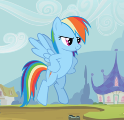 Size: 924x894 | Tagged: safe, screencap, rainbow dash, pegasus, pony, the mysterious mare do well, cropped, female, flying, hooves on hips, mare, smiling, solo, spread wings, wings