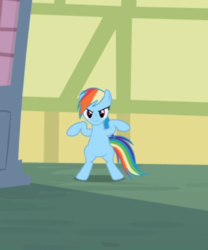 Size: 490x588 | Tagged: safe, screencap, rainbow dash, pegasus, pony, g4, the mysterious mare do well, bipedal, cropped, female, mare, smiling, solo