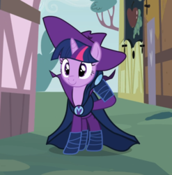 Size: 794x804 | Tagged: safe, screencap, mare do well, twilight sparkle, pony, unicorn, g4, the mysterious mare do well, cape, clothes, costume, cropped, female, hat, hooves behind head, mare, mare do well costume, smiling, solo, unicorn twilight