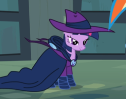 Size: 879x695 | Tagged: safe, screencap, mare do well, twilight sparkle, pony, unicorn, g4, the mysterious mare do well, cape, clothes, costume, cropped, female, hat, lidded eyes, mare do well costume, smiling, solo focus, unicorn twilight