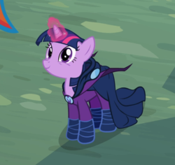 Size: 812x765 | Tagged: safe, screencap, mare do well, rainbow dash, twilight sparkle, pony, unicorn, g4, the mysterious mare do well, cape, clothes, costume, cropped, female, glowing horn, horn, mare do well costume, offscreen character, smiling, solo, unicorn twilight