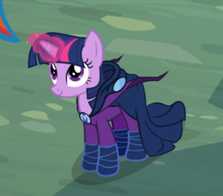 Size: 788x692 | Tagged: safe, screencap, mare do well, rainbow dash, twilight sparkle, pony, unicorn, g4, the mysterious mare do well, betrayal, betrayed, cape, clothes, costume, cropped, female, glowing horn, horn, hypocrisy, mare do well costume, offscreen character, smiling, solo, unicorn twilight