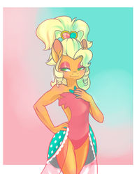 Size: 1024x1306 | Tagged: safe, artist:anvalina, applejack, earth pony, anthro, simple ways, abstract background, alternate hairstyle, applejewel, bare shoulders, bedroom eyes, clothes, dress, featured image, female, freckles, hand on hip, leotard, lidded eyes, mare, no pupils, open-back dress, sexy, simple background, solo