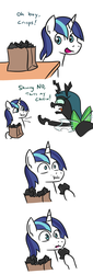 Size: 499x1474 | Tagged: safe, artist:jargon scott, queen chrysalis, shining armor, changeling, changeling queen, pony, unicorn, g4, :t, chitin, comic, dialogue, eating, female, hoof hold, male, munch, oh crap face, paper bag, shining armor is a goddamn moron, simple background, stallion, thousand yard stare, white background